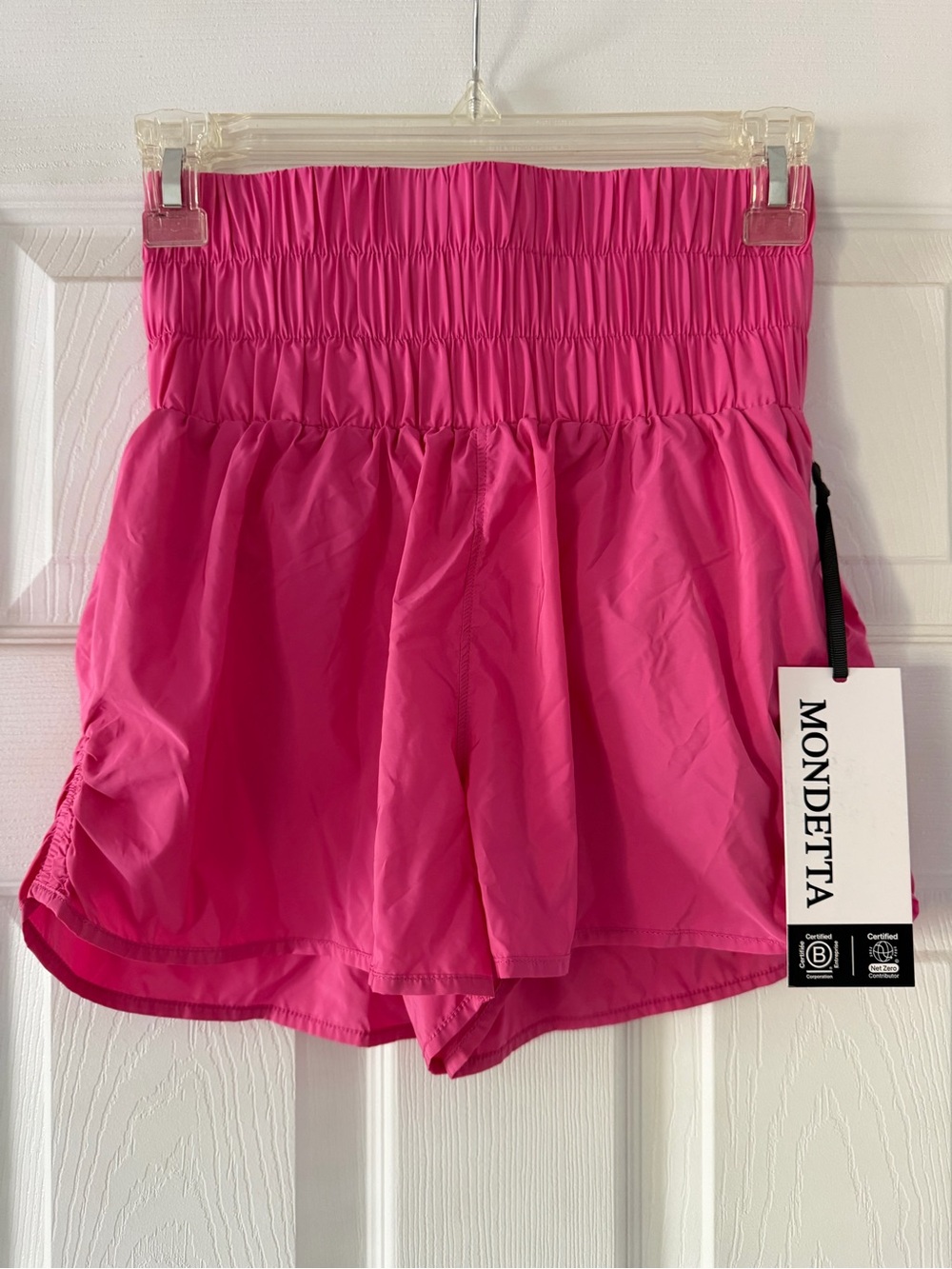 Mondetta Carmine Rose Pink Smocked-Waist Women’s Athletic Running Shorts, XS